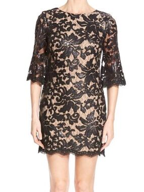 DRESS THE POPULATION Floral Lace Melody Shift DRESS Size SMALL BLACK